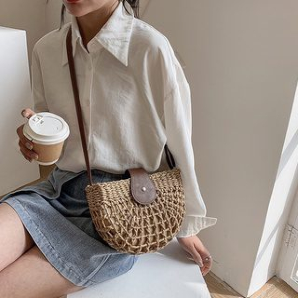 Casual Half Moon Women Straw Rattan Shoulder Bag - Image 11