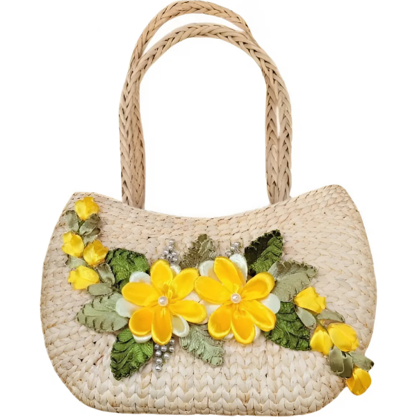 Handmade Embroidered Flowers Water Hyacinth Bag - Image 3